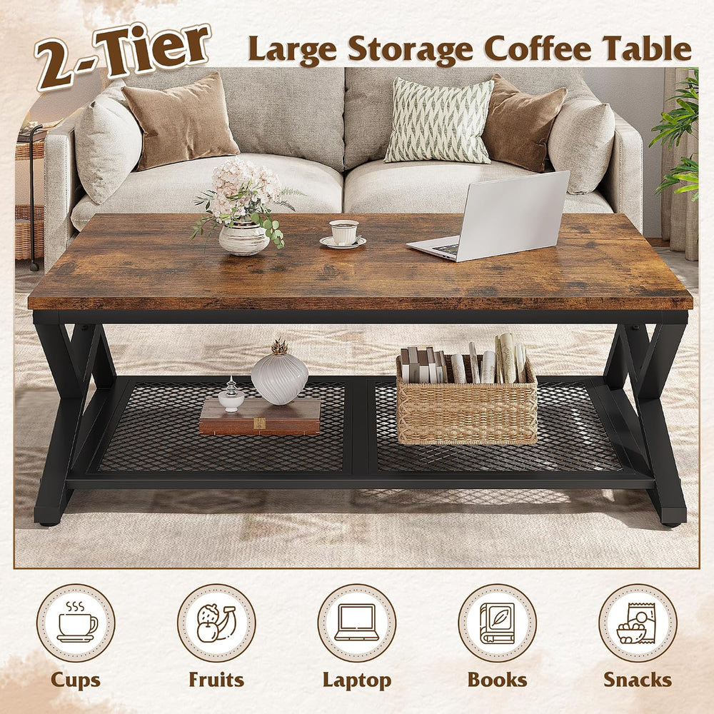 EnHomee Coffee Table with Storage & Shelf for Living Room, Rustic Brown