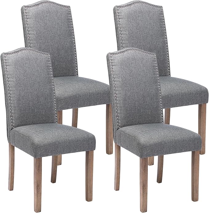 Upholstered Dining Chair Modern Stylish Parsons Kitchen Diner High Back with Silver Nailhead Trim & Wood Legs, Set of 4, Fabric Classic Grey