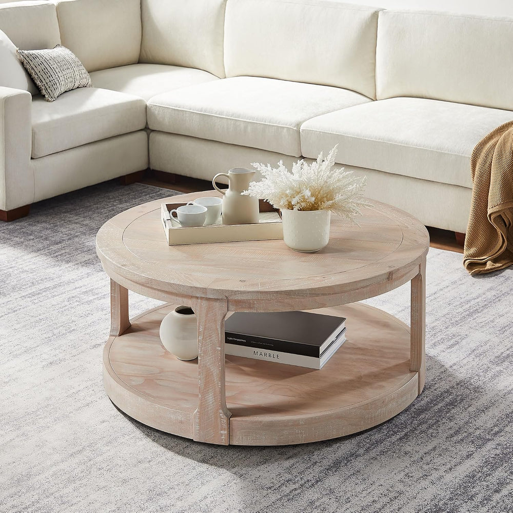 WILLIAMSPACE 40" Round Coffee Table with Wheels, Circle 2 Tier Solid Woo...