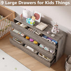 Dresser for Bedroom with 9 Drawers, Fluted Chest of Drawers with Round Curved Corner, Hidden Handles, Modern Wood Storage Organizer for Bedroom, Nursery, Living Room