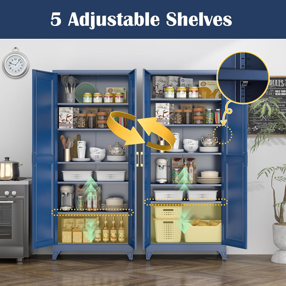 SteeLoong 75”Metal Pantry Storage Cabinet with Doors & 5 Adjustable Shelv...