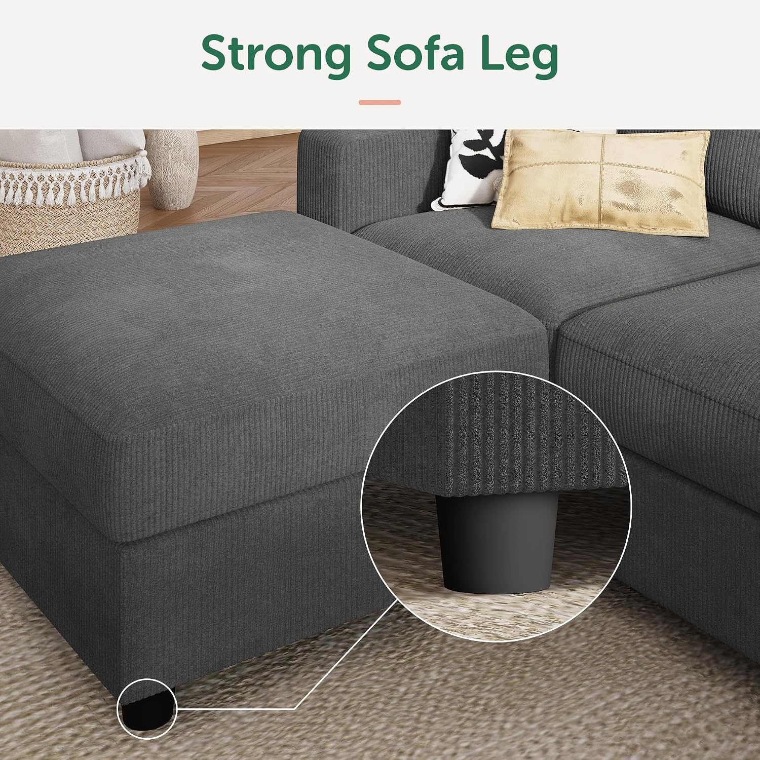 HONBAY Modern Corduroy Ottoman Module Sofa, Ottoman Bench with Storage, Dark Grey