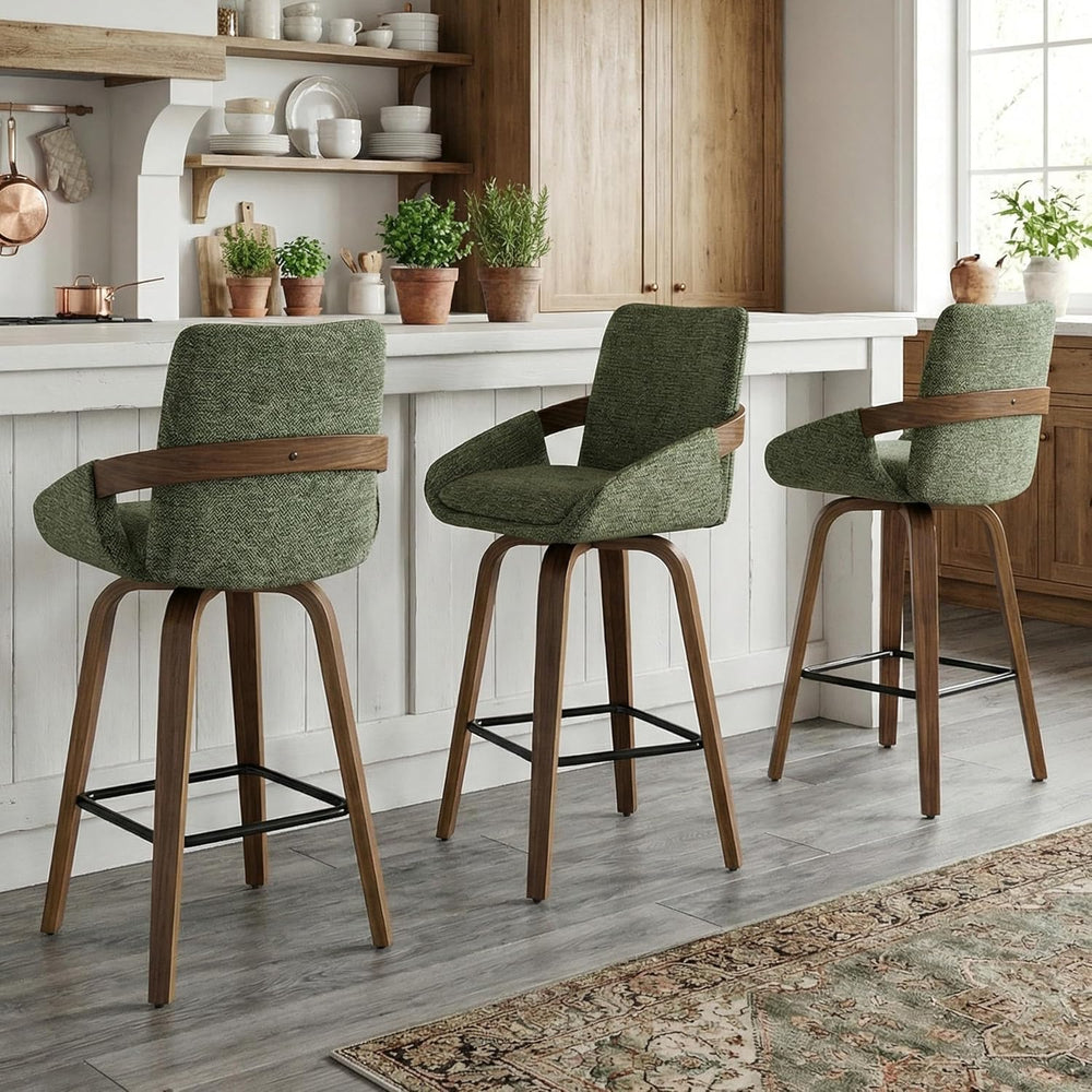 26" Swivel Counter Height Bar Stools Set of 3, Moss Green | Walnut Bentw...