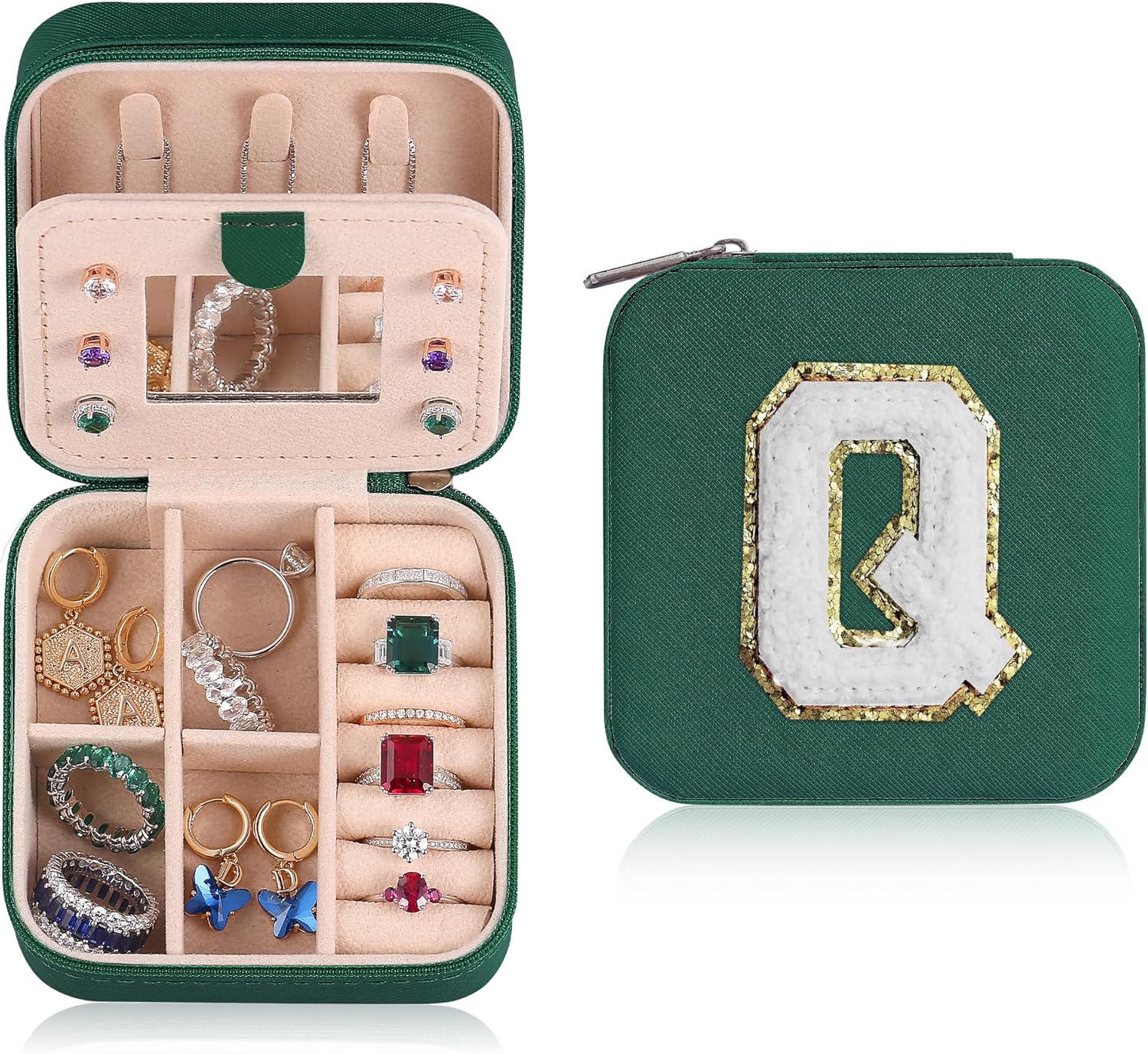 Parima Travel Jewelry Organizer for Women | Necklace, Earring, Ring Organizer | Women's Travel Gifts - Letter Q, Green