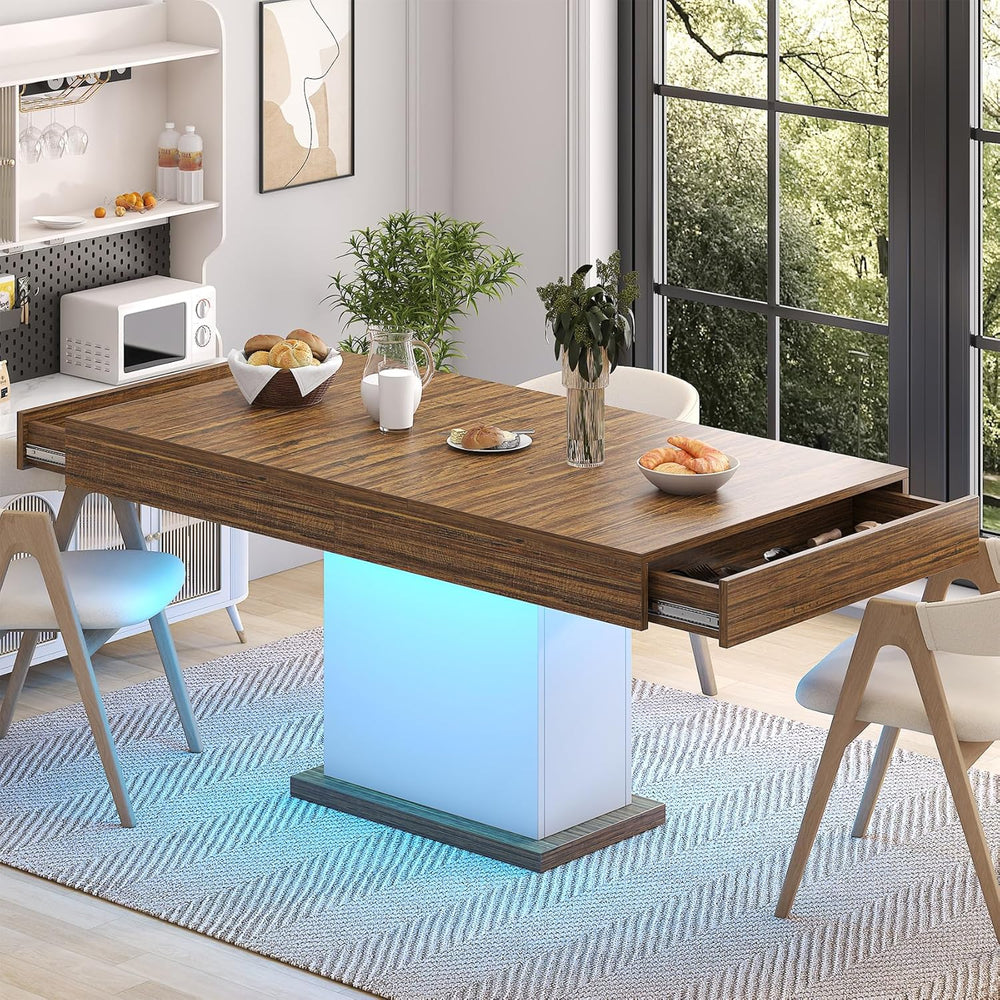 Dining Table with Drawers for 4-6 People, 55 Inches Dinner Table with Led Lig...