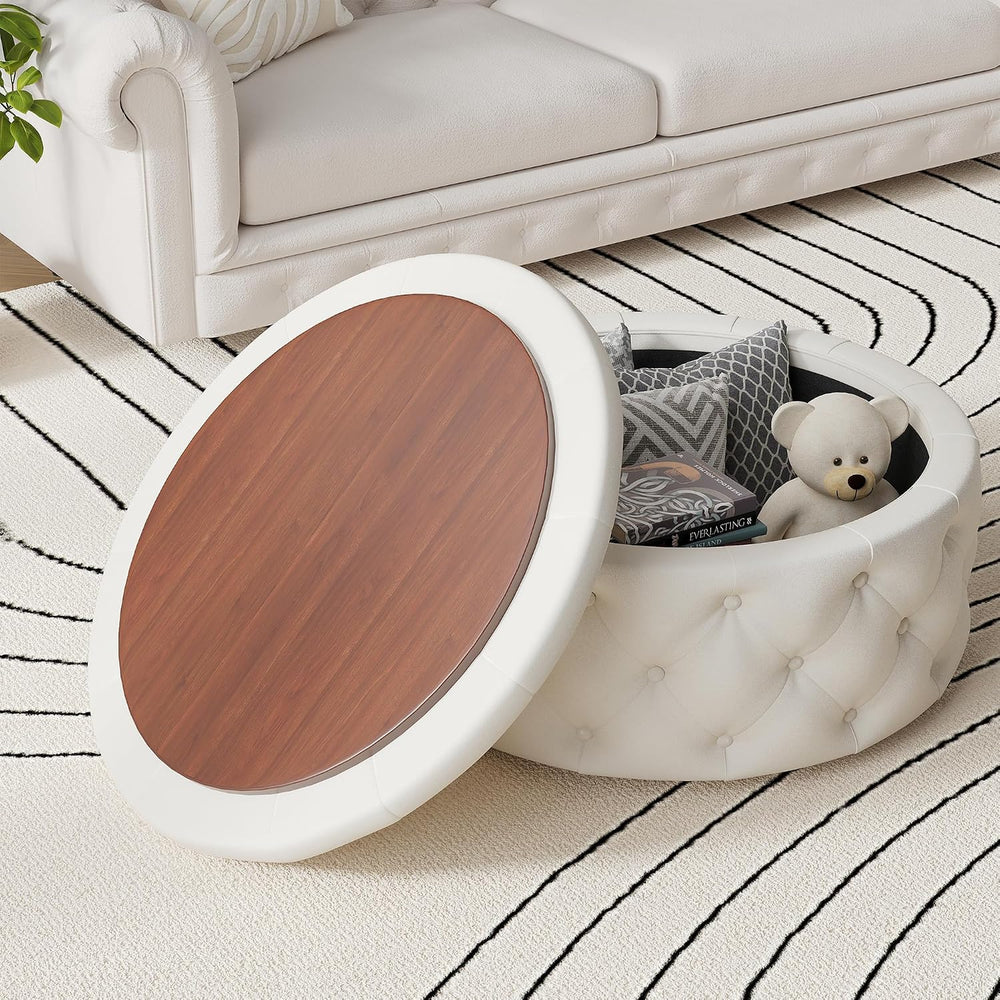 FiveWillowise 30 Inch Round Ottoman with Storage Tray,Large Coffee Table | Ci...