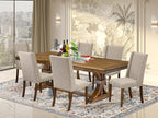 NEFL7-AWA-04-7-Piece Dining Table Set Includes a Rectangular Table and 6 Light Tan Linen Fabric Kitchen Chairs with Padded Chair Back - Antique Walnut Finish.
