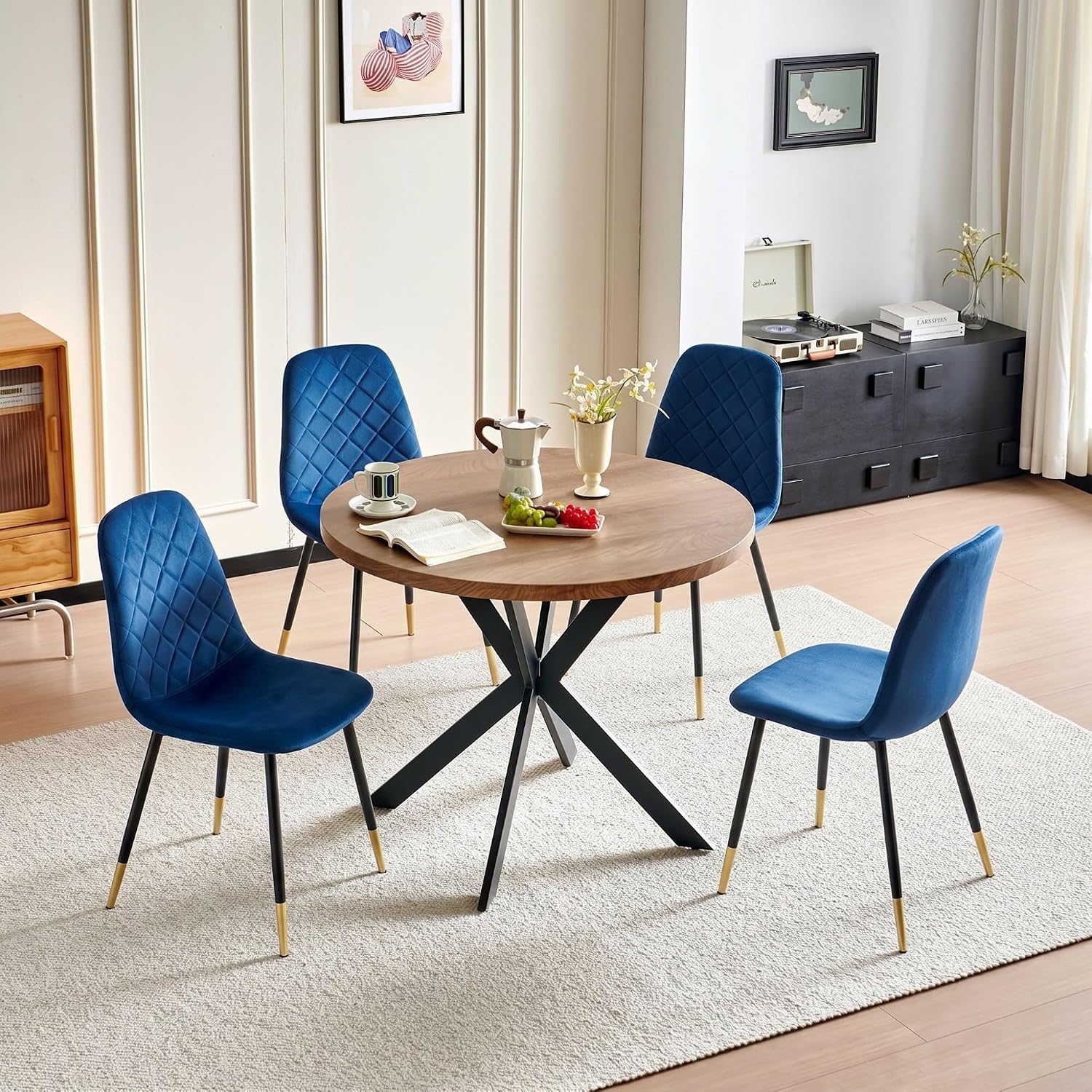 37" Round Table Set for 4, Mid Century Modern Small Kitchen Table Set, Space Saving, Dinette for Home, Apartment, Dining Room (Imitation Wood Table+ 4 Navy Blue Velvet Chairs)
