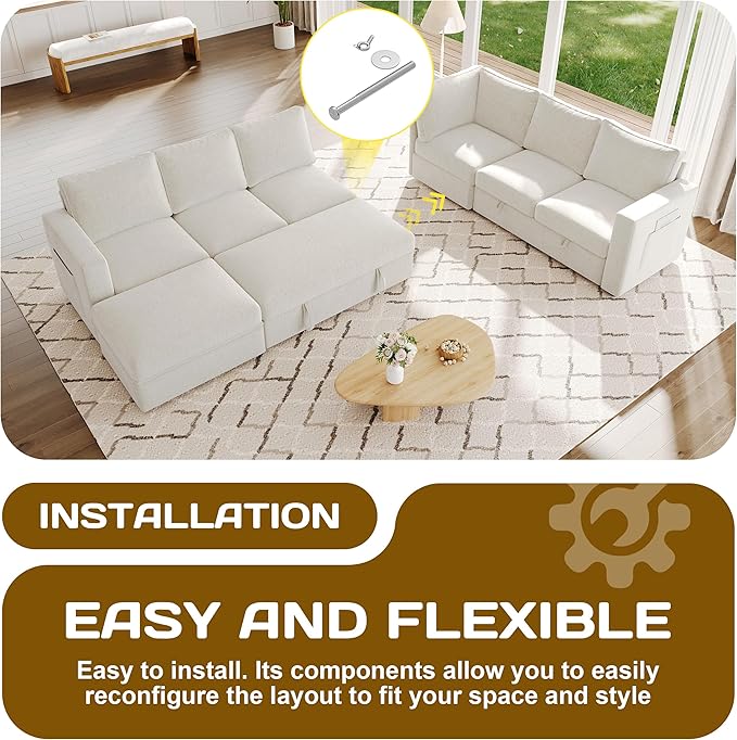 106.7" Sectional Sleeper Sofa with Pull Out Couch, Modern 7 Seat U Shaped Modular Couch, Sectionals Modular Sofa with Storage, Comfy Sectional Couches for Living Room & Apartment, Light Beige