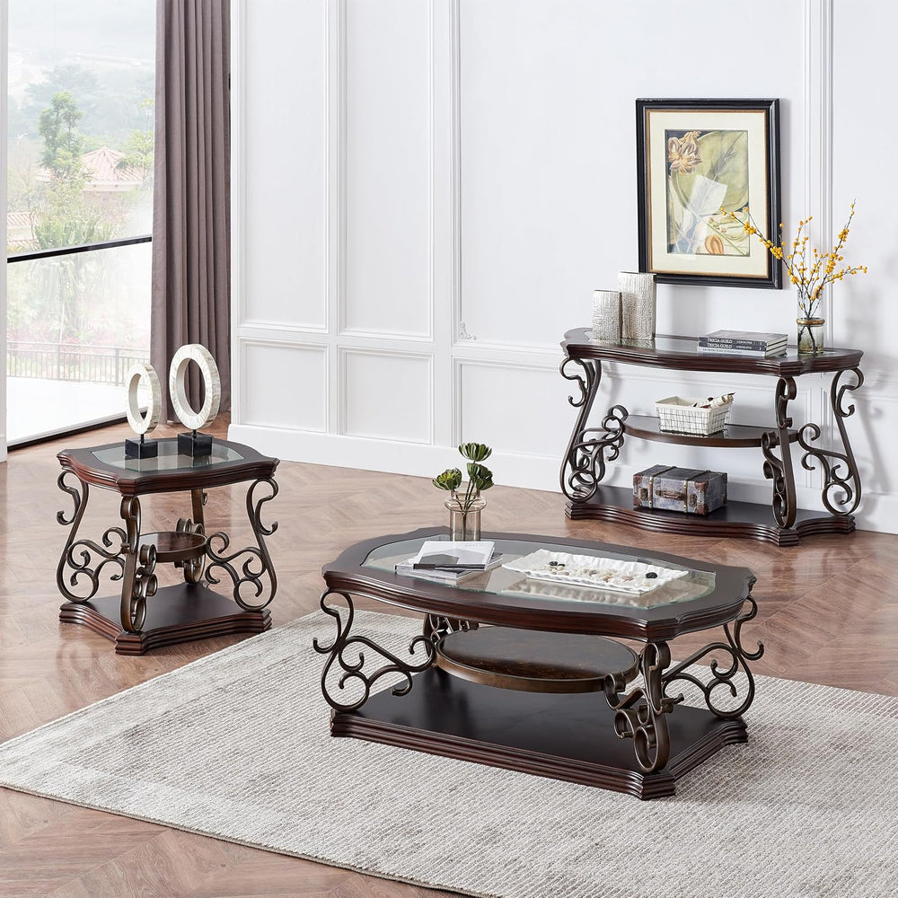 SSLine Vintage Curved Wood Console Table,Tempered Glass Top & Marble Shel...