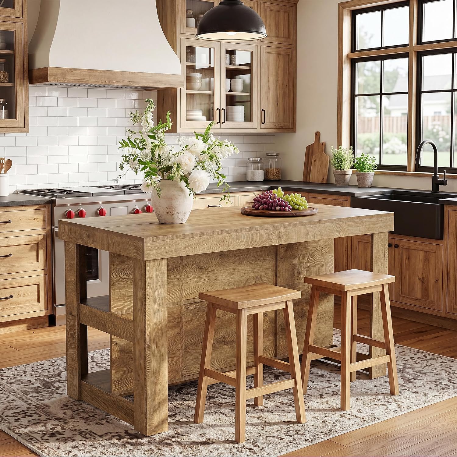 Tribesigns 55.1" Kitchen Island with 6 Storage Cubbies, Farmhouse 3-Tier Stationary Island Table, Large Dual-Sided Coffee Bar Table with Storage Shelves for Kitchen Dining Room