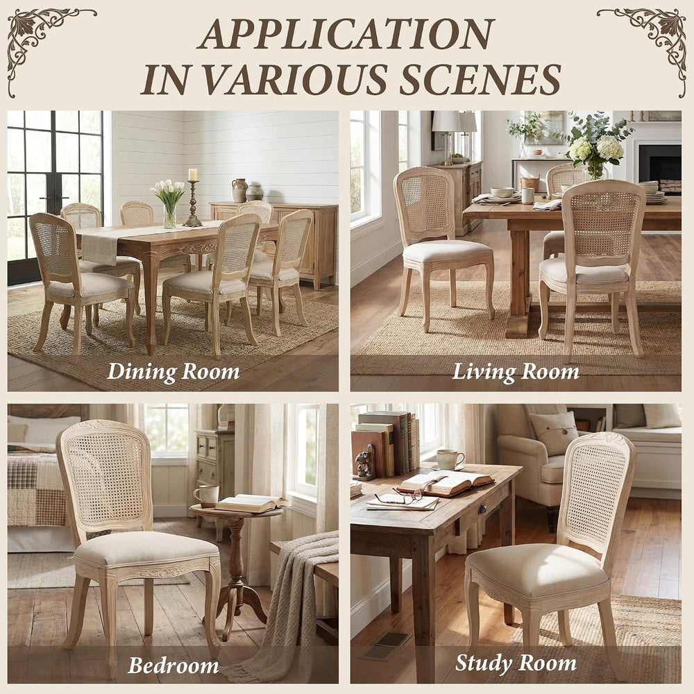 Wicker Dining Chairs Set of 4, Upholstered Linen Fabric Dining Room Chairs wi...