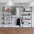Industrial Pipe Clothing Rack, Wall Mounted Garment Hanging Rack with Shelves, 14.6x112.6x82.7 Inches, Model Y03