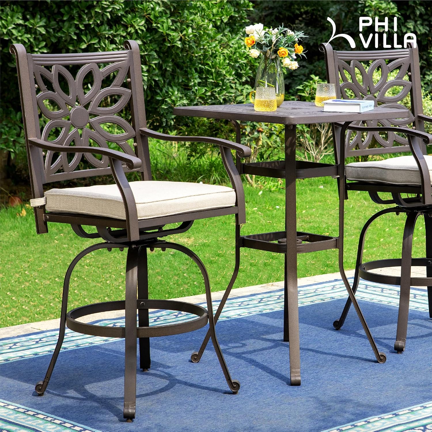 PHI VILLA Outdoor Patio Bar Tables Cast Aluminum,27.5" L x 27.5" W x 42" H | Frosted Surface Square Bar Height Bistro Table with 1.96" Umbrella Hole for Balcony Lawn Garden