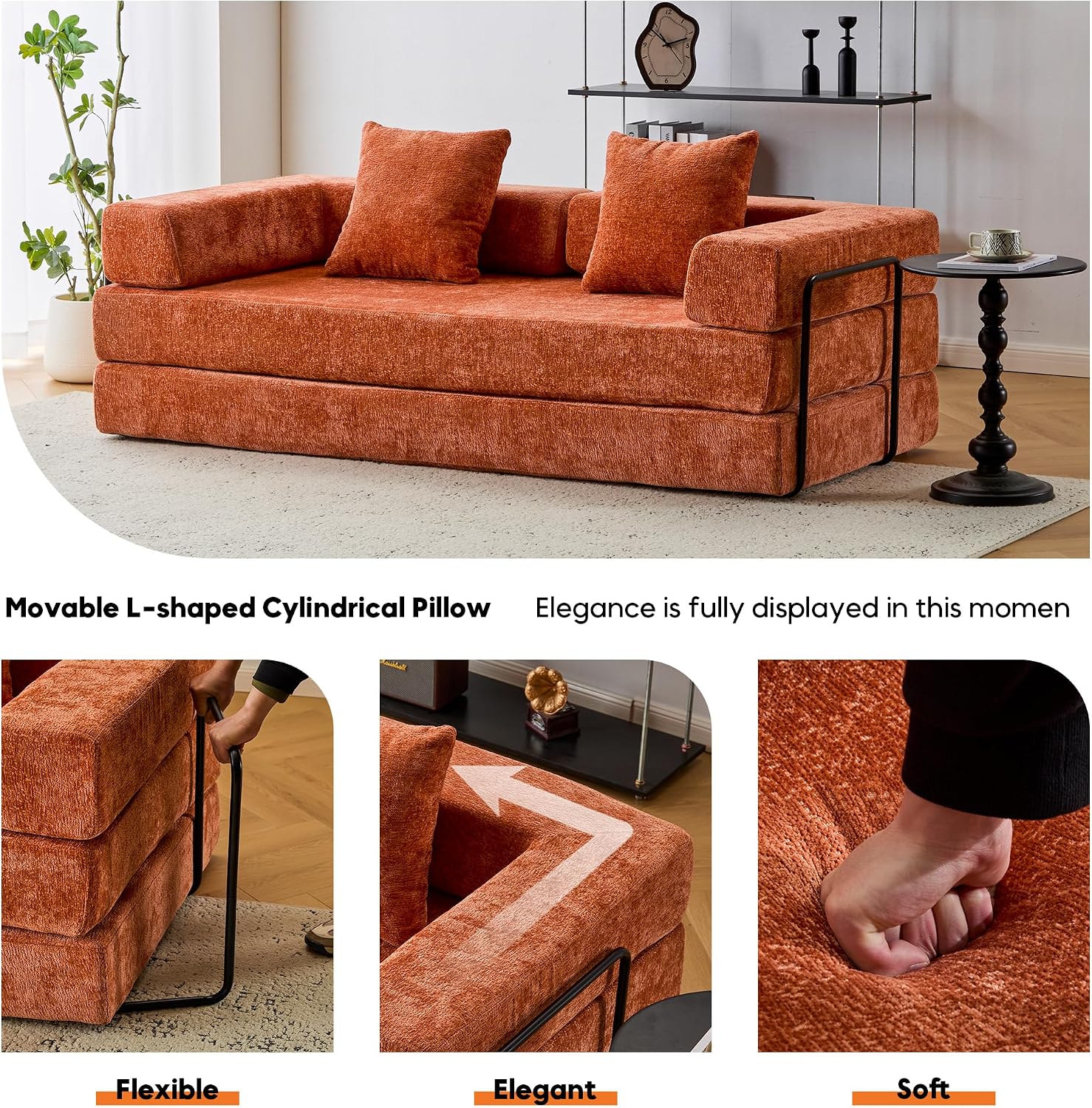 ZEIINPA Convertible Floor Sofa Bed with Fixed-Shape Frame, Modular Chenille Folding Mattress Couch with Armrest, Floor Sofa Lounge Couch for Living Room Bedroom Lounge Studio,Burnt Orange