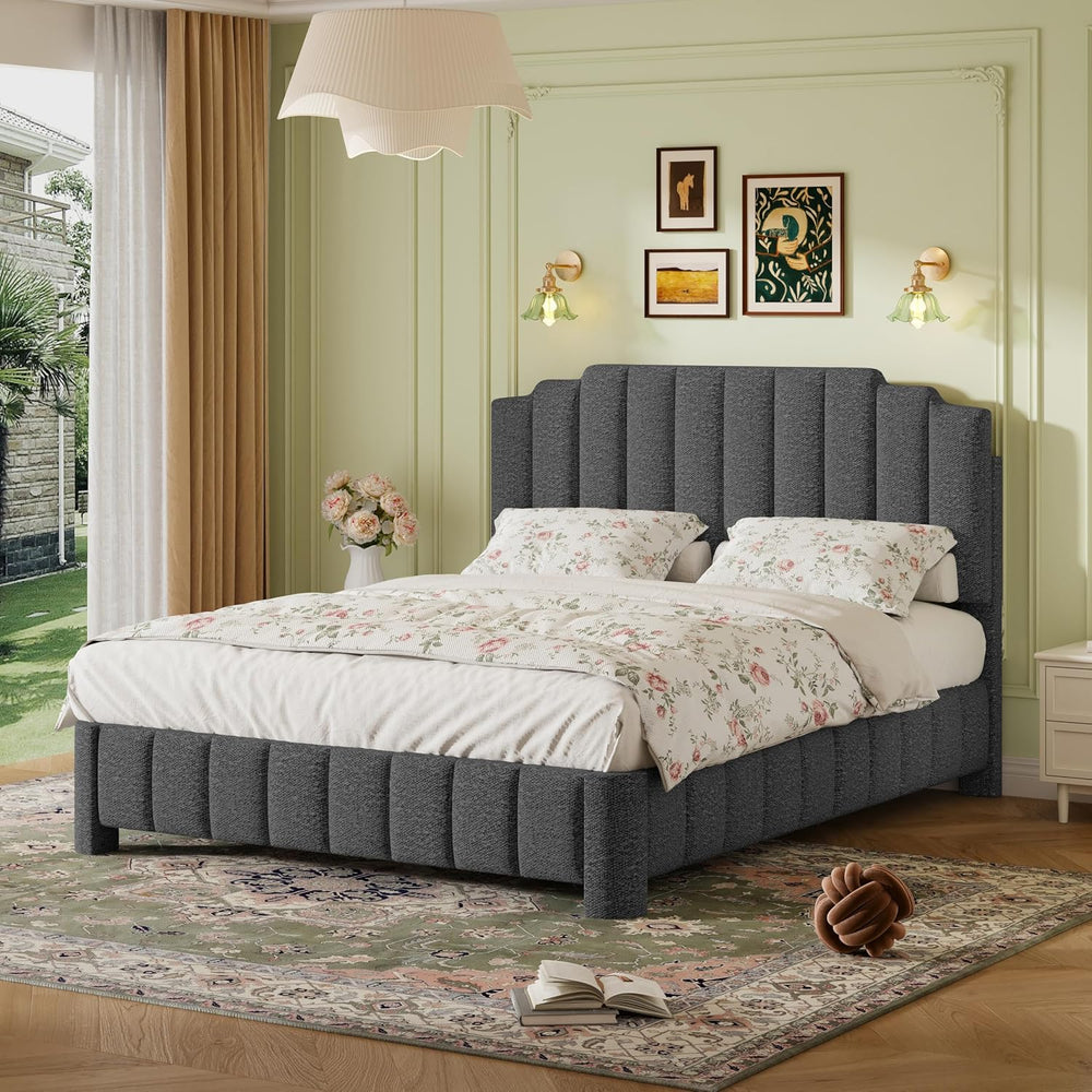 Queen Bed Frame with Adjustable Headboard, Boucle Queen Size Bed Frame