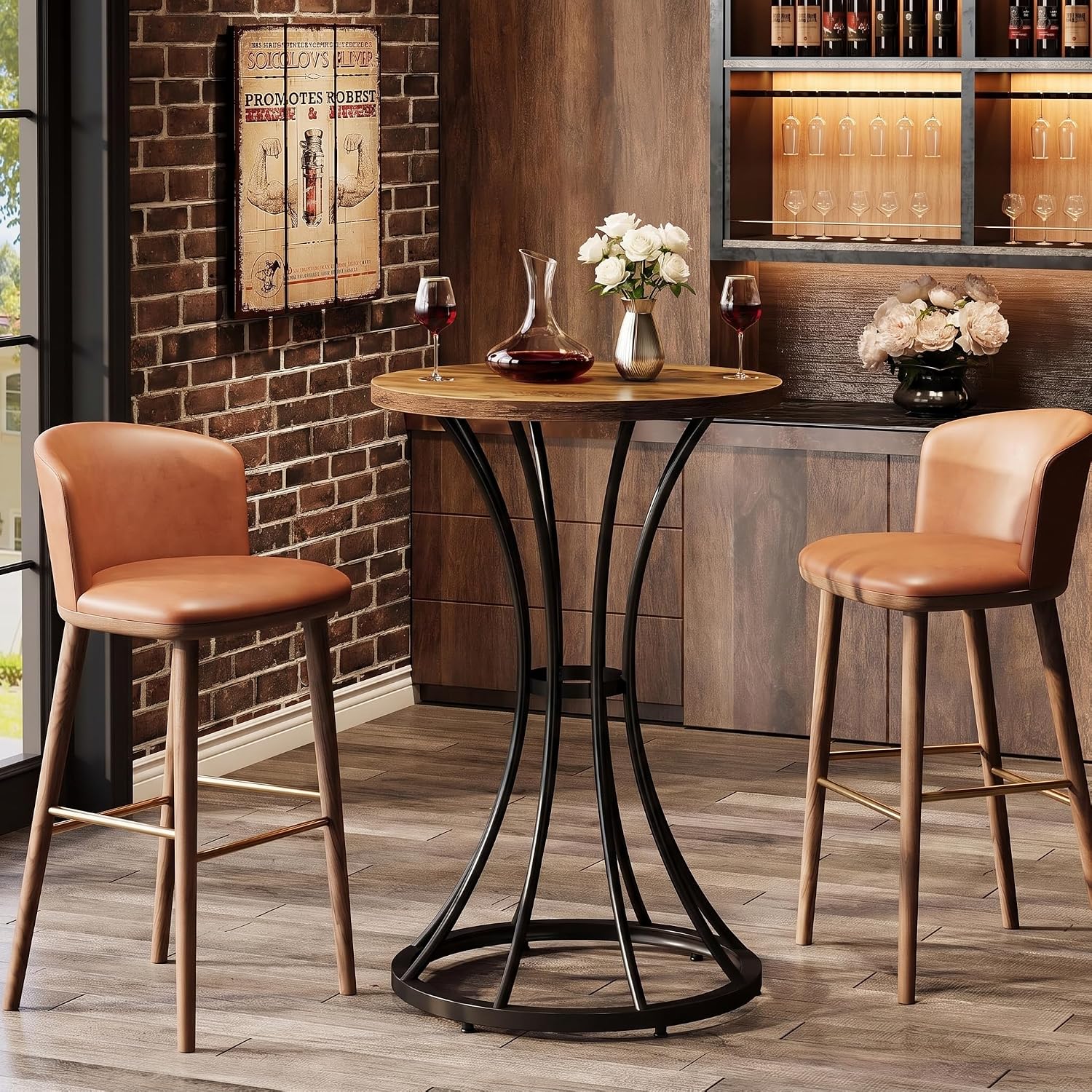 Tribesigns Round Bar Table for 2, 37.4" H Cocktail Table with Curved Metal Base, Coffee Pub Table for Spaces, Living Room, Kitchen, or Party (Brown & Black) (4)