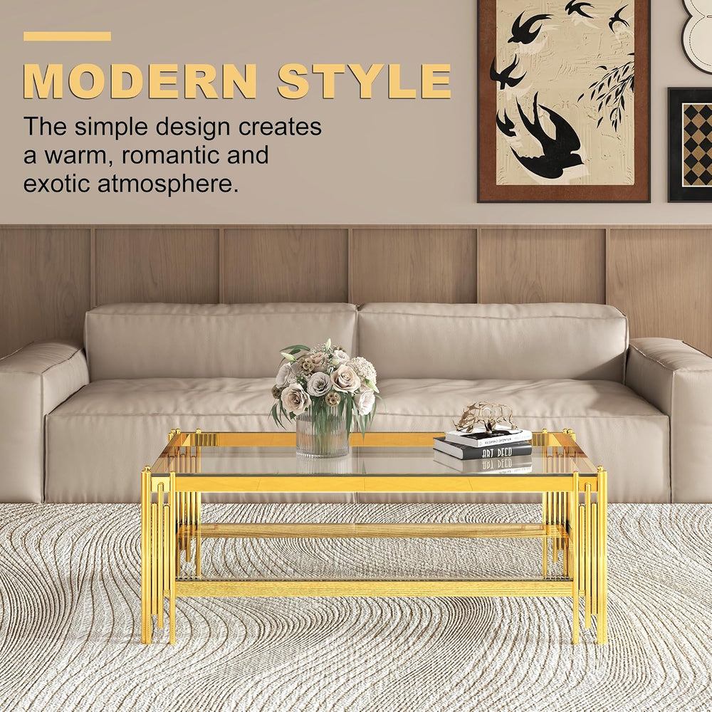 3 Piece Glass Coffee Table Set with 1 Coffee Table and 2 End Tables, Modern 2...