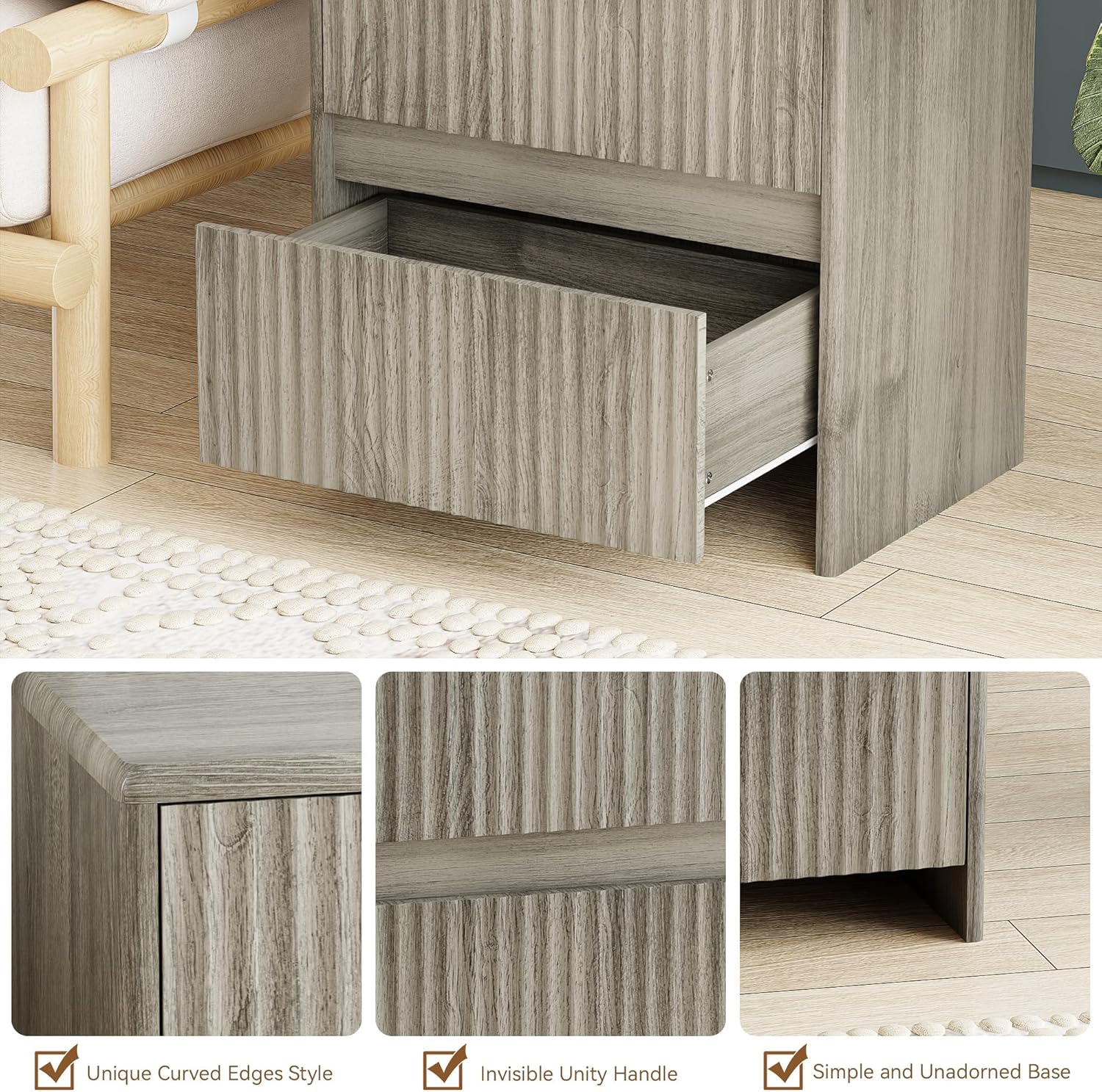 Fluted Nightstand, 23" Wood Bedside Table with 2 Storage Drawers, Modern Night Stand for Bedroom, Office, Grey