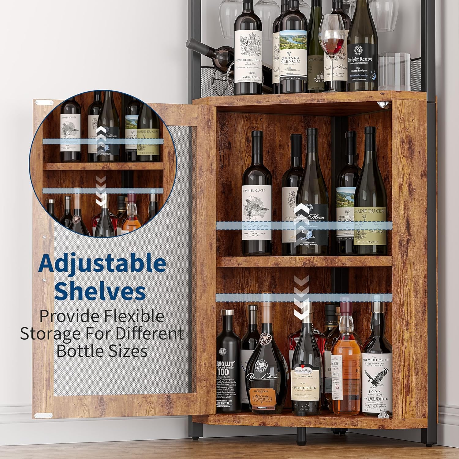 GarveeHome Corner Bar Wine Cabinet with LED Lights, 5-Tier Industrial Wine Cabinet with Glass Holder, Modern Liquor Cabinet with Adjustable Shelf, Home Bar Cabinet with Mesh Door, Rustic Brown