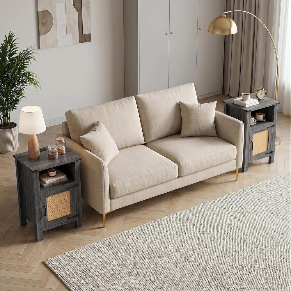 Miereirl Rattan Nightstand Set of 2 with Cabinet, Boho Farmhouse, Dark Gray |...