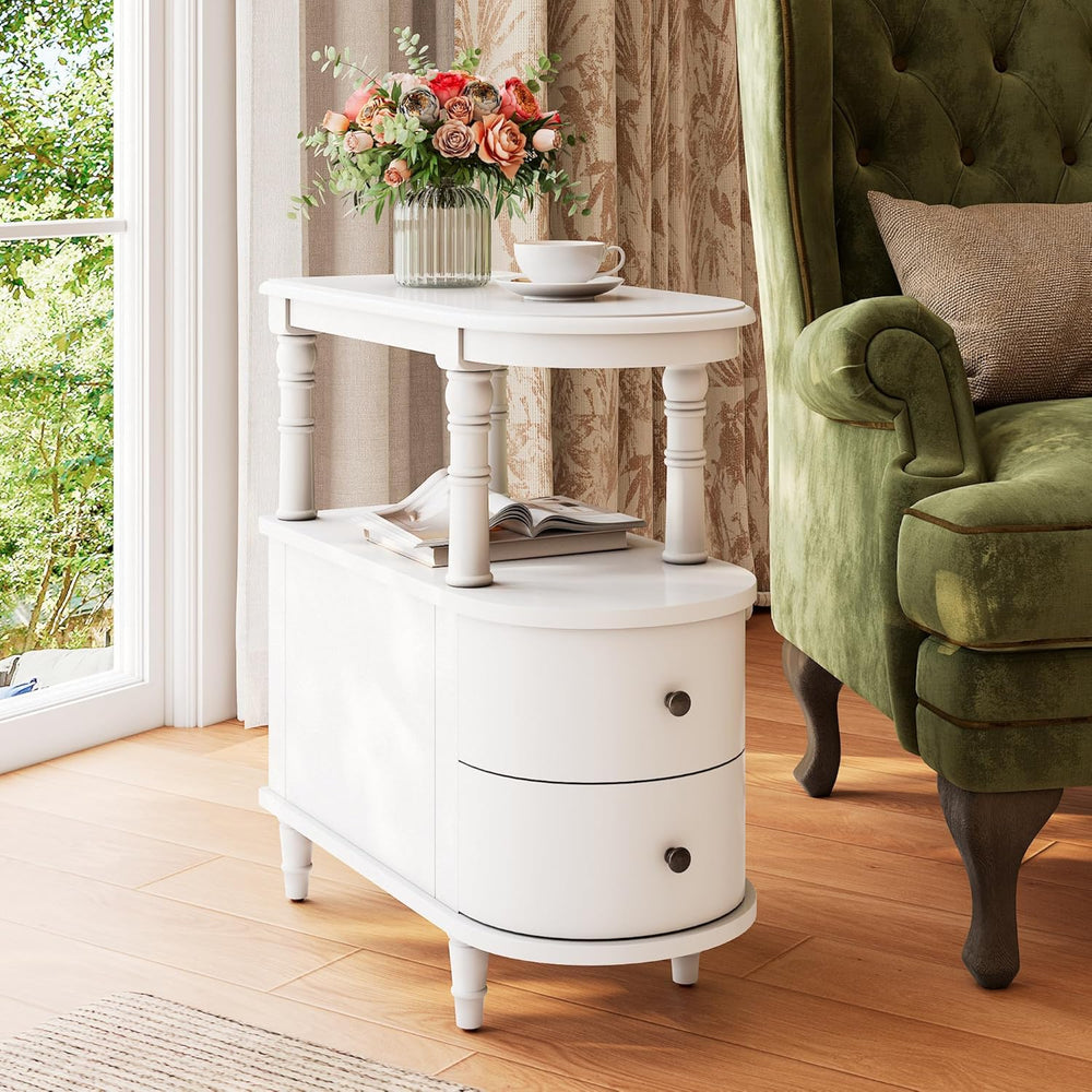 PADMA HOUSE Solid Wood End Table with 2 Drawers, Narrow Sofa Side Table Slim ...