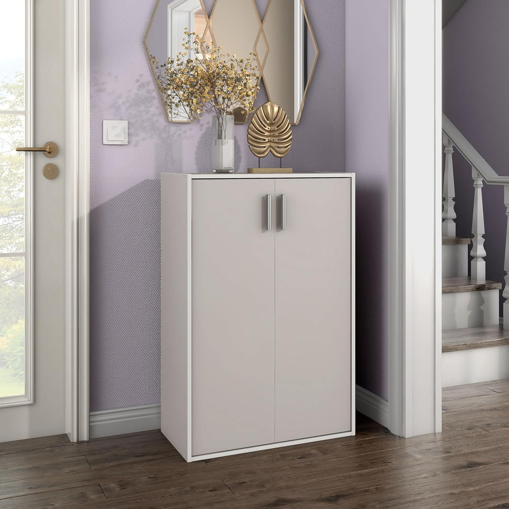 Homes: Inside + Out Apexa 3-Tier Stackable Wood Bookcase with Doors, Cube Storage Organizer Shelves, Small Food Pantry Cabinet, Dorm Teen Room Decor & Bedroom, Home Office, Kitchen, Taupe Grey