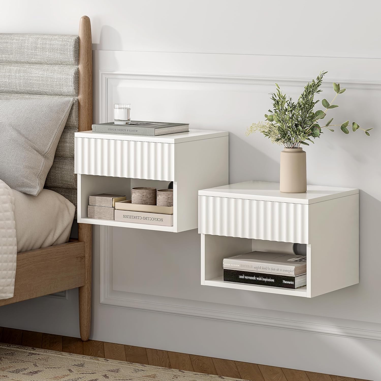 Floating Nightstand with Drawer and Open Shelf, Small Wall Mounted Bedside End Table, Modern Fluted Night Stand for Bedroom, Living Room, White