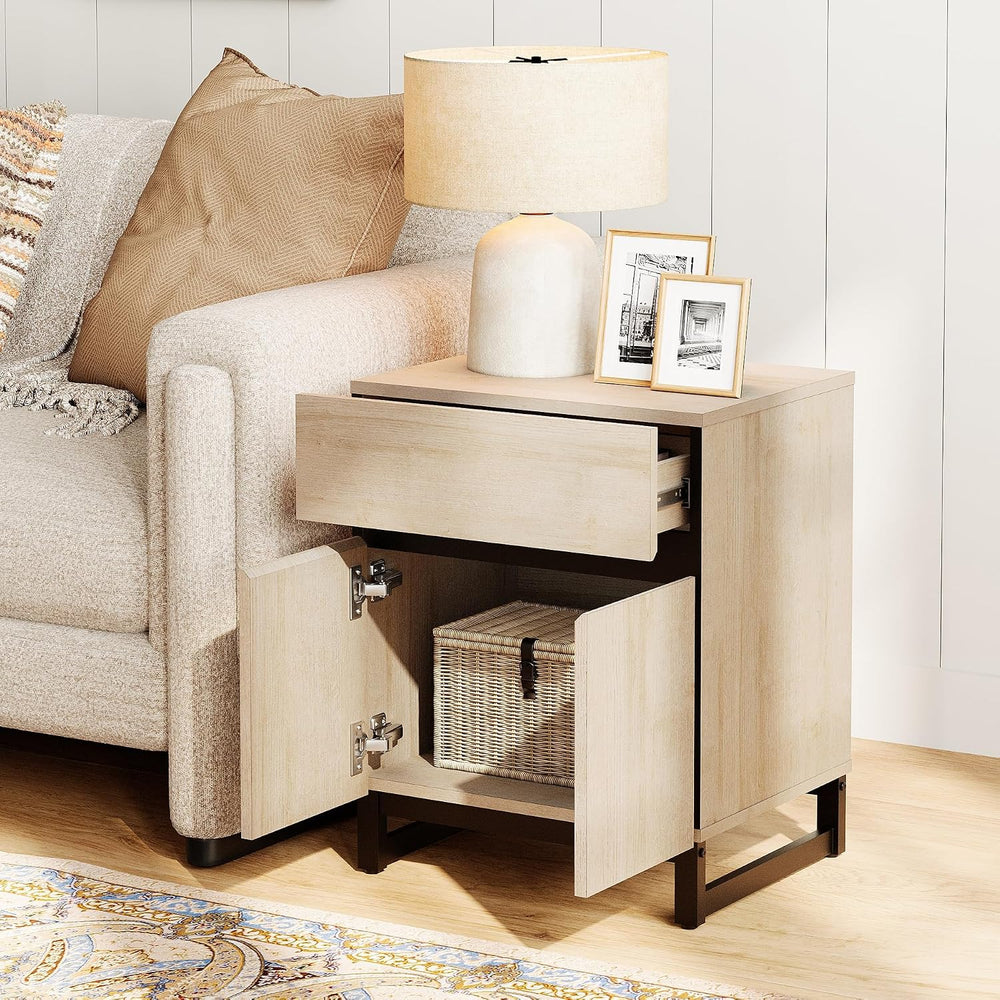 WAMPAT 2 Pack Modern End Table with 1 Drawer & 1 Storage Cabinet, Farmhou...