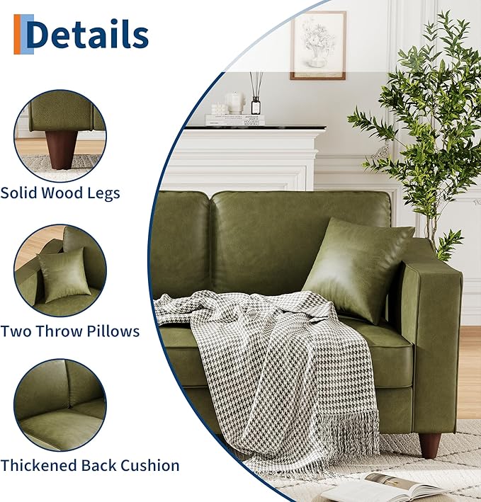 Faux Leather Couch with 2 Throw Pillows, Sofa Couches for Living Room, 3 Seater Sofa with Wide Armrests, Wood Legs, Deep Seats, Back Cushion, Sturdy Support Feet, for Office, Living Room, Olive Green