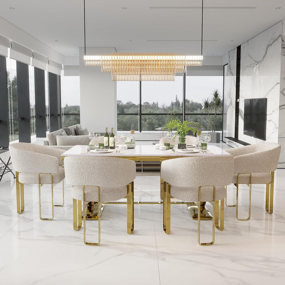 7 Piece Dining Table Set for 6, Luxurious 70" White and Gold Dining Room...