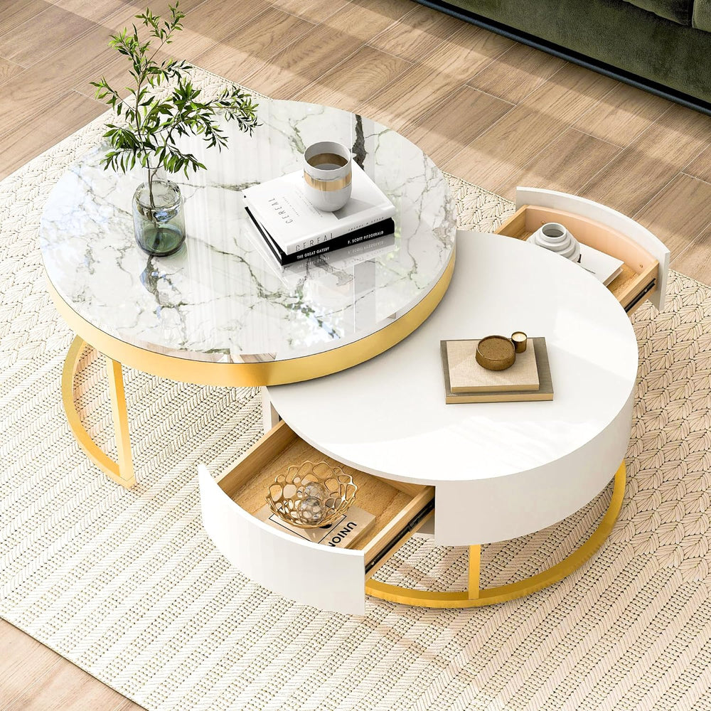 Modern Round Nesting Coffee Table with Drawers in White, Circle Coffee Tables...