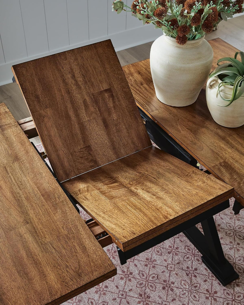 Signature Design by Ashley Farmhouse Counter Height Dining Table, Brown | Hardwood solids mango wood veneer and MDF substrate, Two-tone finish, 18 in self-storing butterfly leaf, Wildenauer Series
