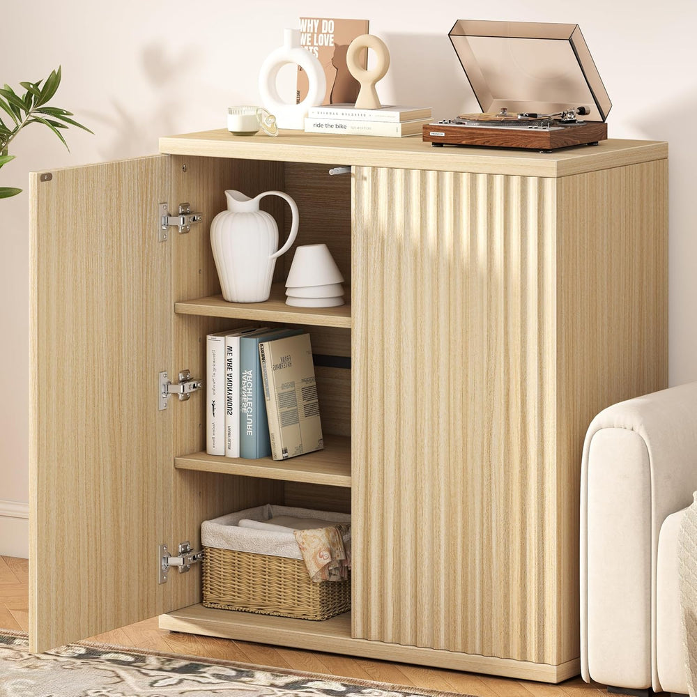 Fluted Sideboard Buffet Cabinet with Storage, Wood Sideboard Cabinet with Doo...