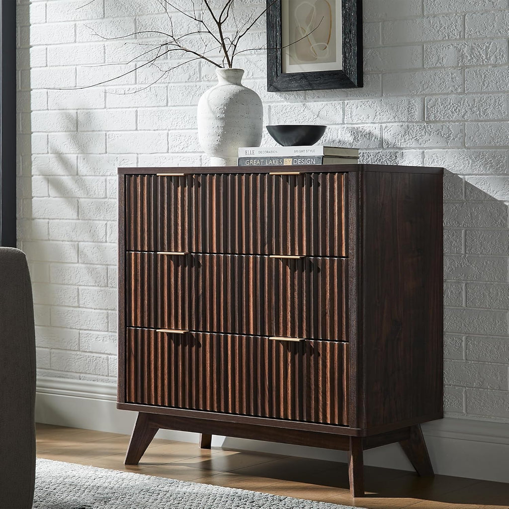 T4TREAM Fluted 3 Drawers Nightstand, Oversized Extra Large Modern Side Table, End Table Bedside for Bedroom, Living Room, Curved Profile Design, Dark Walnut
