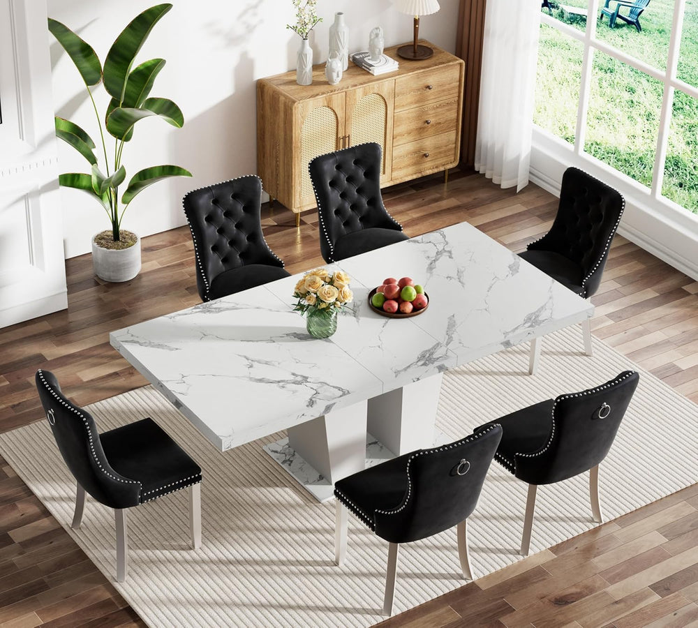 Faux Marble Extendable Dining Table Set for 6, Modern White Kitchen Table Set...