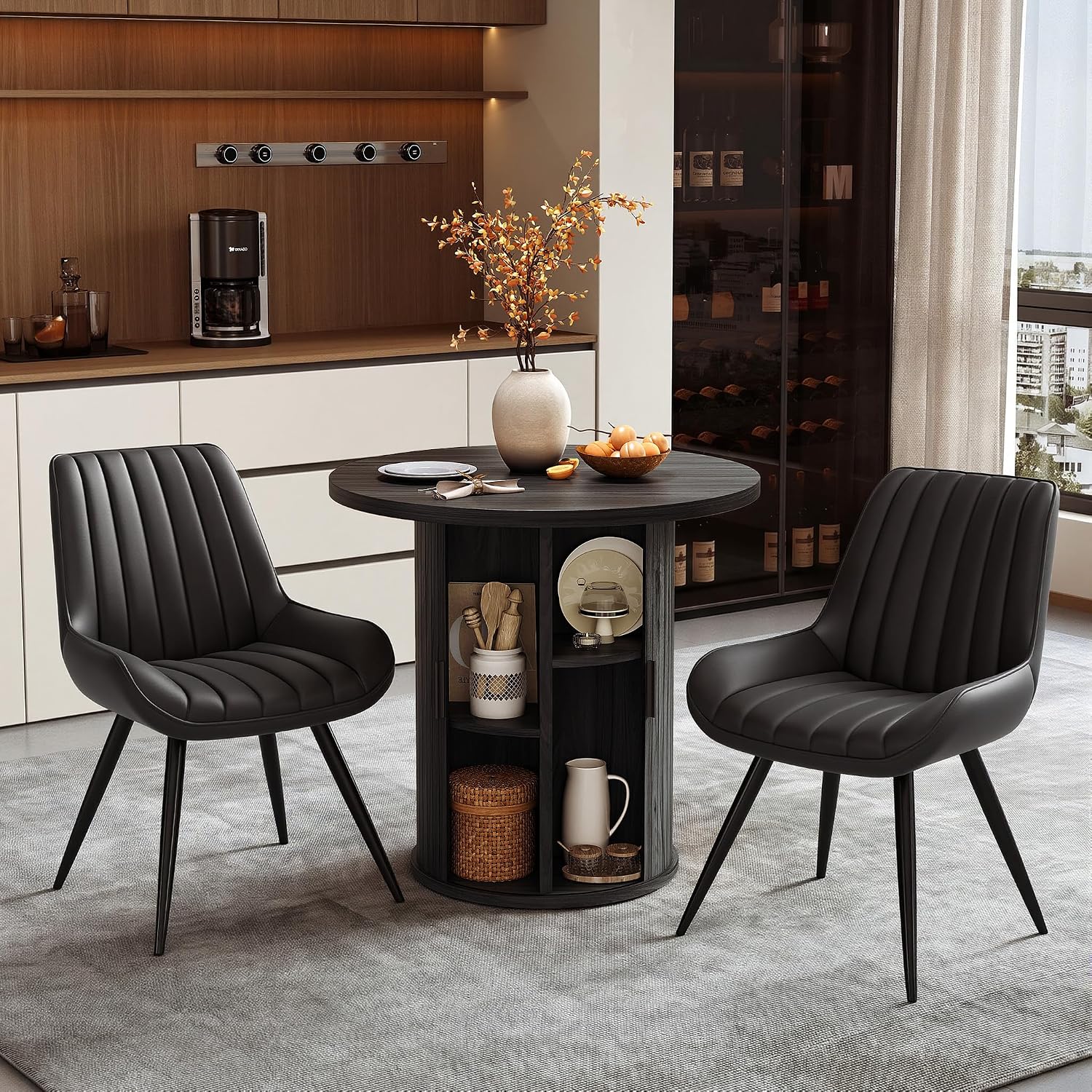 Miereirl Modern 3-Piece Round Wooden Dining Table and Chair Set,31.5" Table with Semi-Open Storage Rack and Sliding Door, Dining Chairs Made of High-end Fabric, Warm Home Dining Room Combination