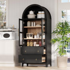 71" Tall Arched Kitchen Pantry Cabinet with 2 Large Drawers,Farmhouse Kitchen Storage Cabinets with Adjustable Shelves,Glass Door,Wood Versatile Cupboard for Kitchens,Dining Room,Bathroom (Black--@QW)