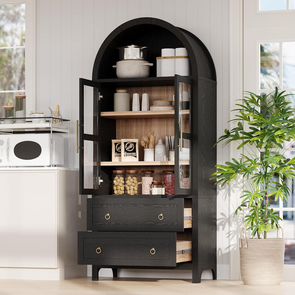 71" Tall Arched Kitchen Pantry Cabinet with 2 Drawers & Glass Doors,...