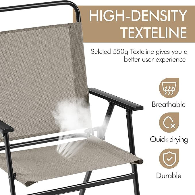 Yaheetech Outdoor Patio Chairs Set of 2, Folding Patio Chairs for Outside with Metal Frame, Armrests, Portable Dining Chairs for Camping, Lawn, Garden and Porch, Brown