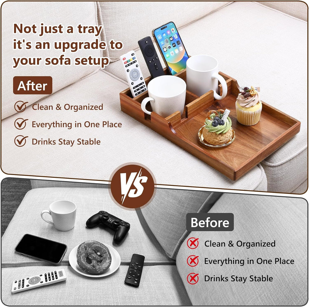 Couch Insert Tray for Middle Seat, Acacia Wood Couch Table with 2 Cup Holders...