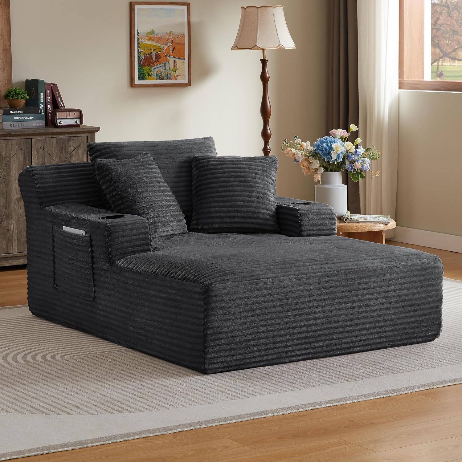 Oversized Corduroy Chaise Lounge Chair Boneless Sofa Bed, Deep Seat Floor Lounger Recliner Cloud Couch with Cup Holder & Storage Pocket for Living Room, Bedroom, Apartment