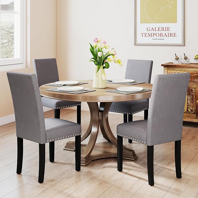 LSSBOUGHT Set of 2 Fabric Upholstered Dining Chair with Nailheads and Sturdy Wooden Legs (Gray, 6PCS)