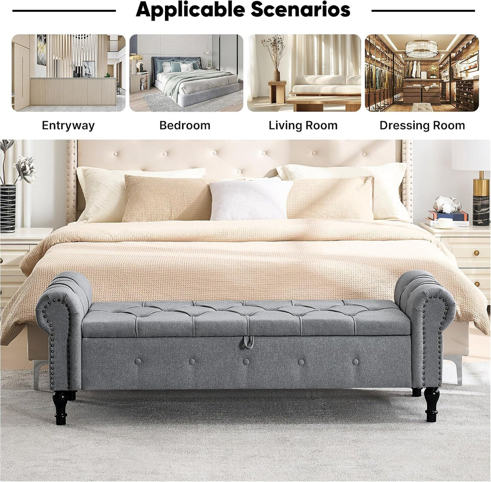 Storage Bench 67" Linen End of Bed Benches Grey | King Size Storage Benc...