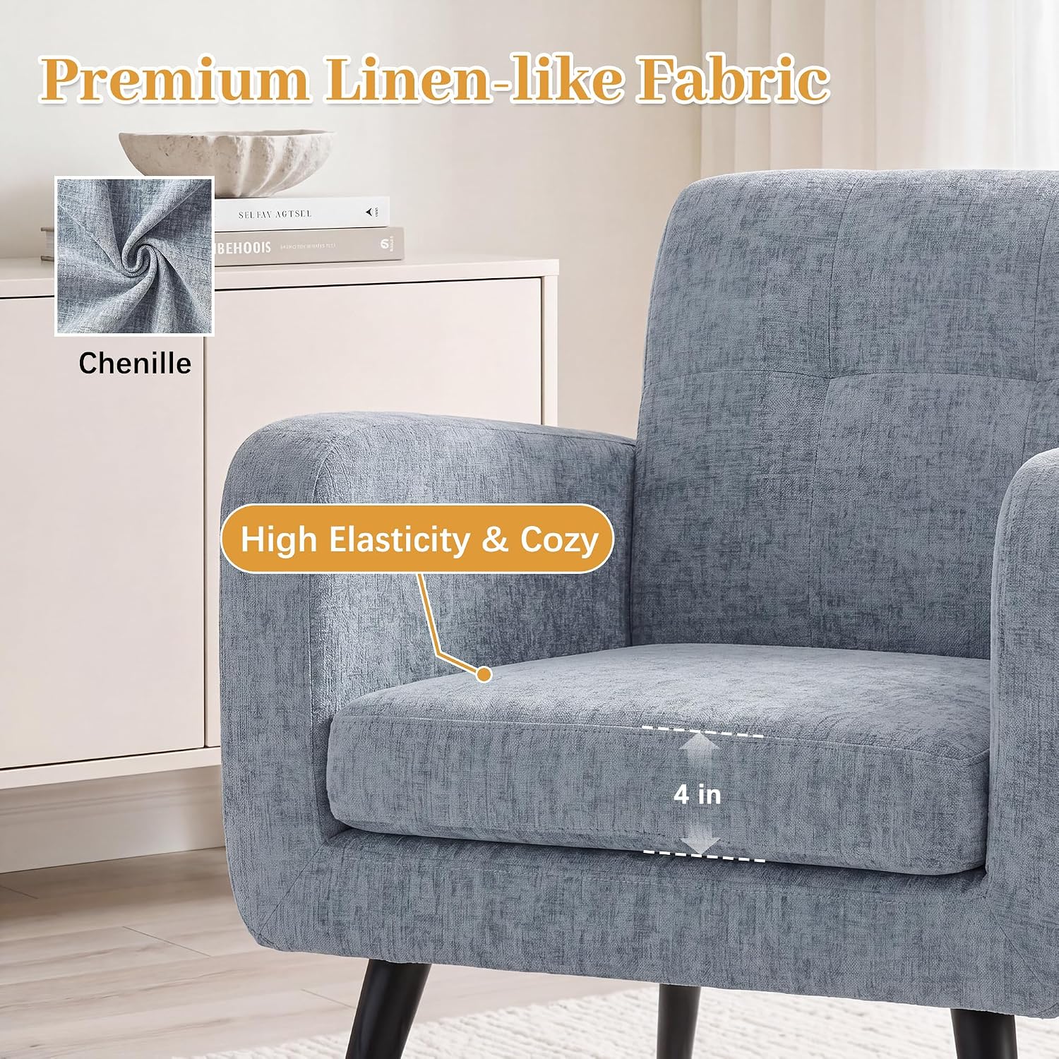 LSSPAID Modern Accent Chair Set of 1, Upholstered Chenille Armchair with Tufted Back, Comfy Single Sofa Chair Lounge Reading Chair with Solid Wood Legs for Living Room Bedroom Office, Dusty Blue