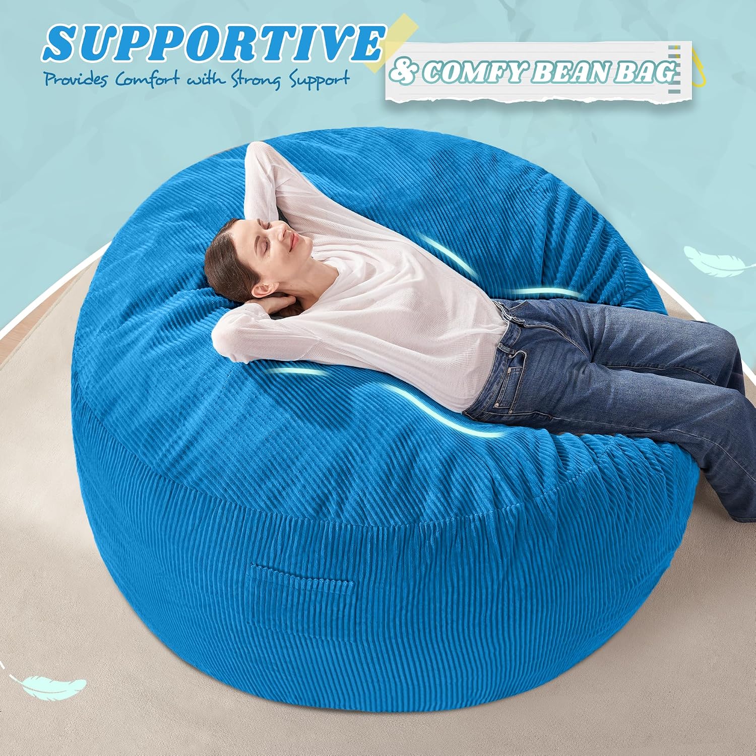 HABUTWAY 3FT Bean Bag Chair,Giant Bean Bag Chairs for Adults,Big Bean Bags with Memory Foam Filled, Large Beanbag Chairs with Soft Corduroy Cover-Blue