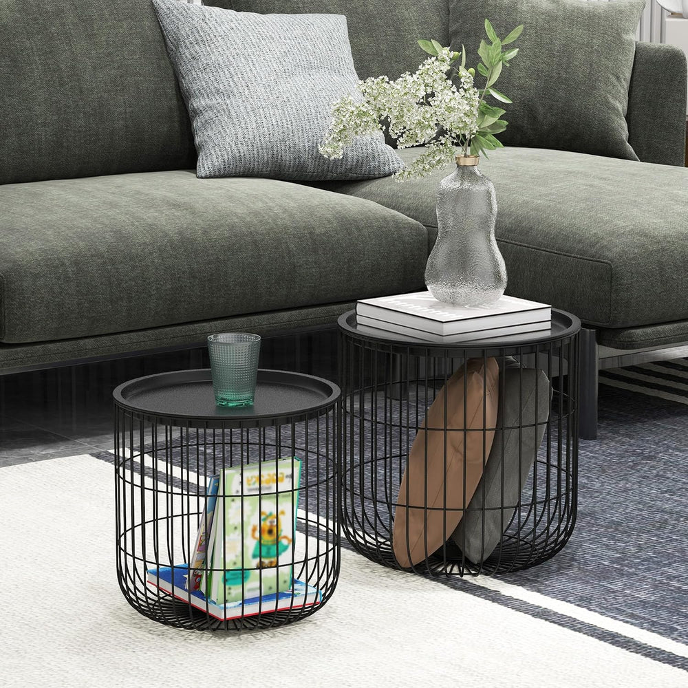 HOMCOM Nesting Coffee Tables Round Wire Basket Table Set of 2 Black | Removab...