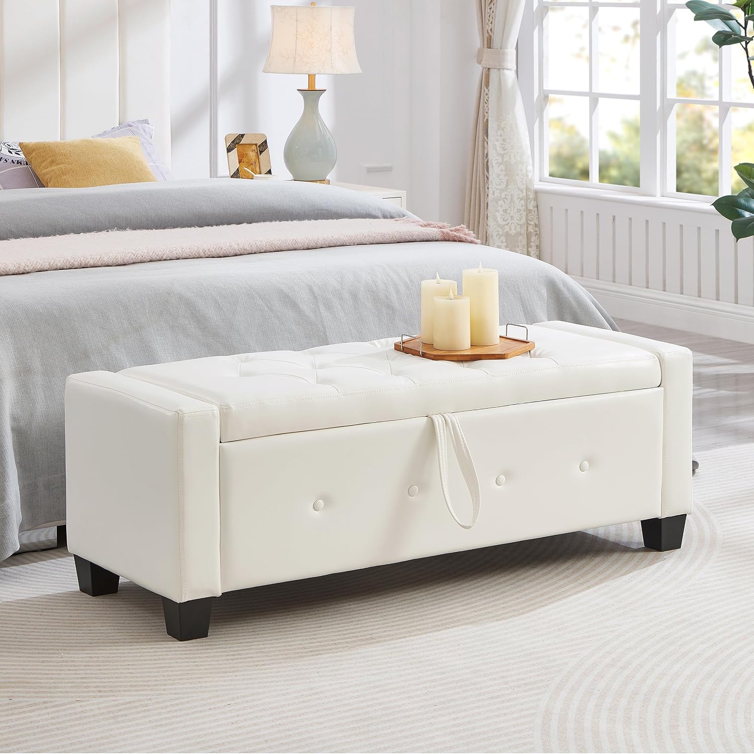 48" Storage Ottoman Bench, Ivory White | Faux Leather, Lift Top, For Living Room & Bed End, Upholstered Tufted PU