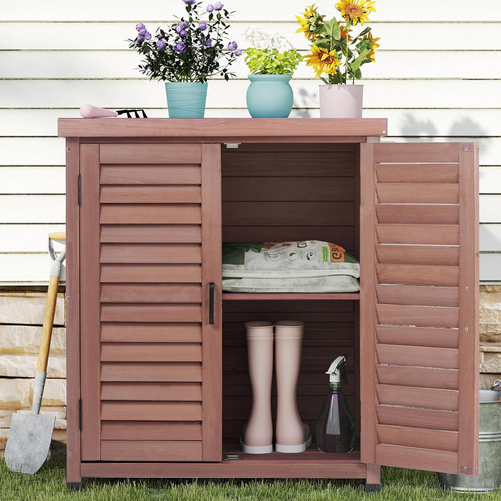 Outdoor Potting Bench with Storage Cabinet and Metal Top, Wood Workstation fo...