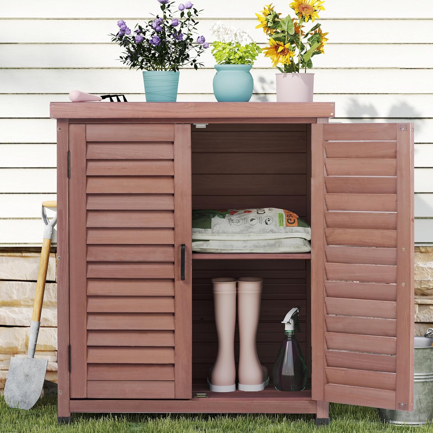 Outdoor Potting Bench with Storage Cabinet and Metal Top, Wood Workstation for Outdoor Patio, Garden (Dark Brown, 31x17x36‘’)